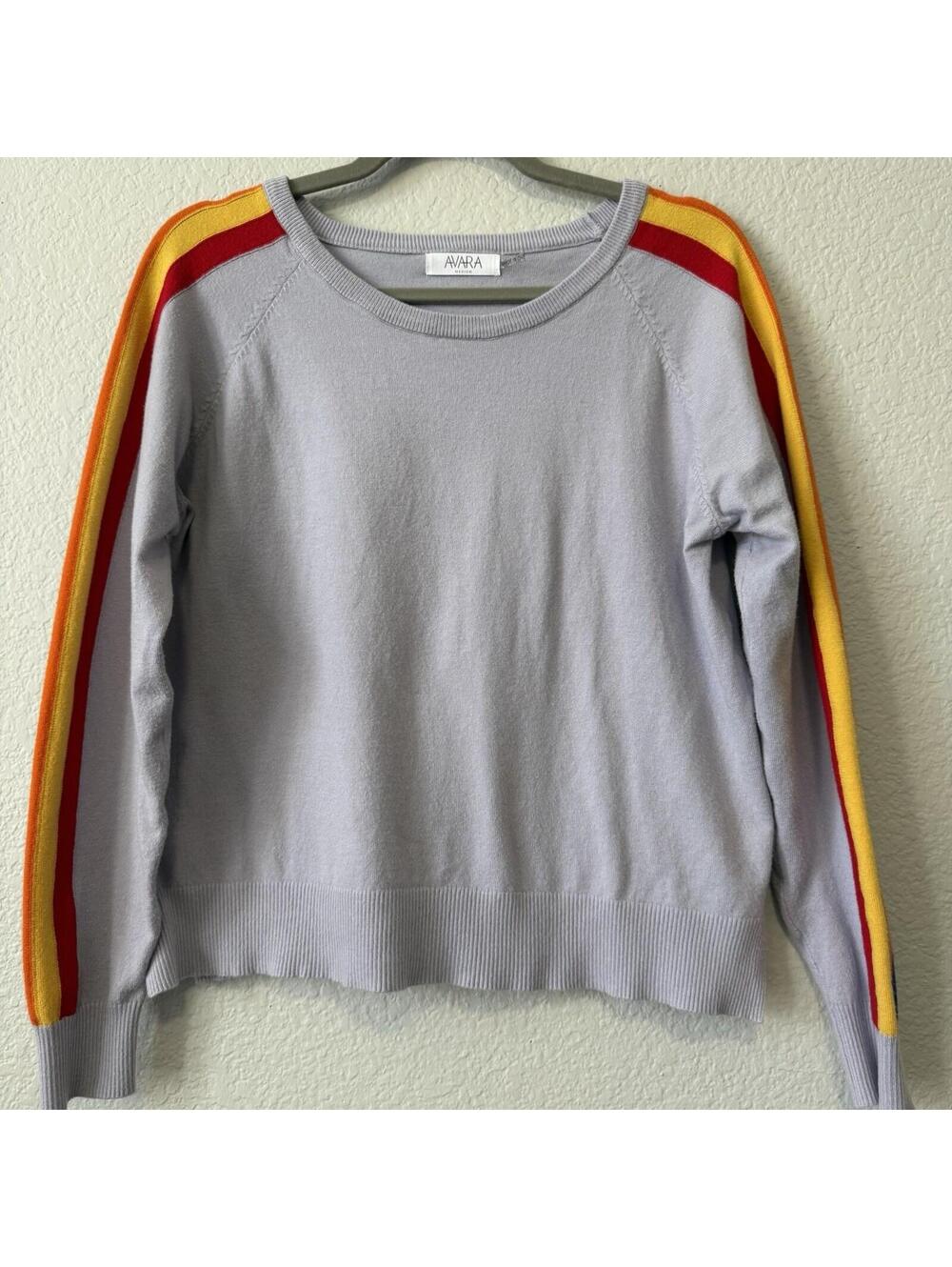 Avara Gray Knit Sweater Rainbow Stripe Sleeve Pullover Womens Medium